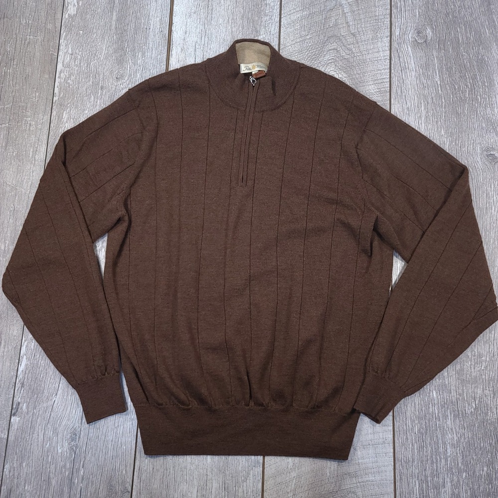 Peter Millar Sweater Mens Large Brown 1/4 Zip Italian Merino Wool Ribbed Knit
